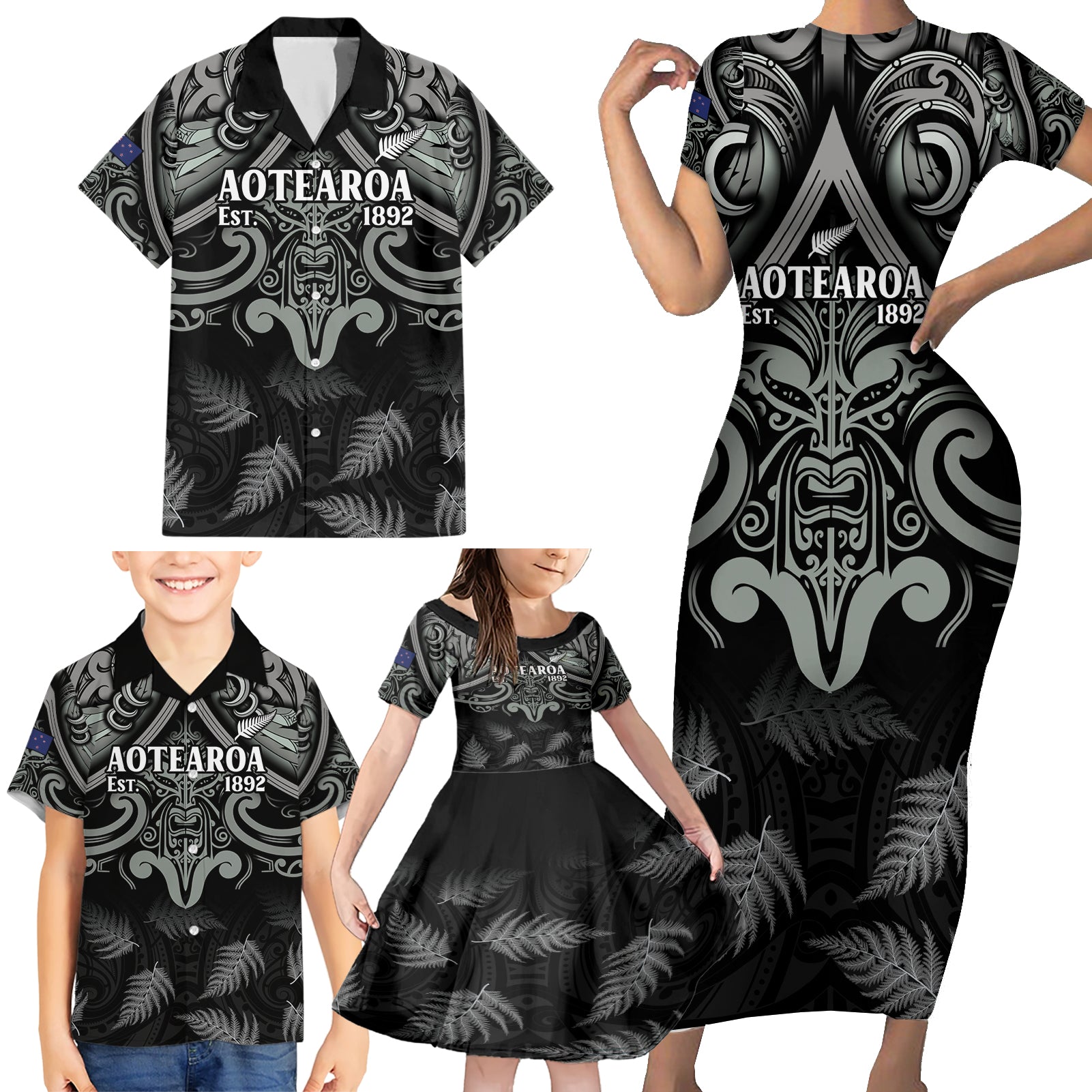 Custom New Zealand Silver Fern Rugby Family Matching Short Sleeve Bodycon Dress and Hawaiian Shirt All Black Since 1892 Aotearoa Moko Maori