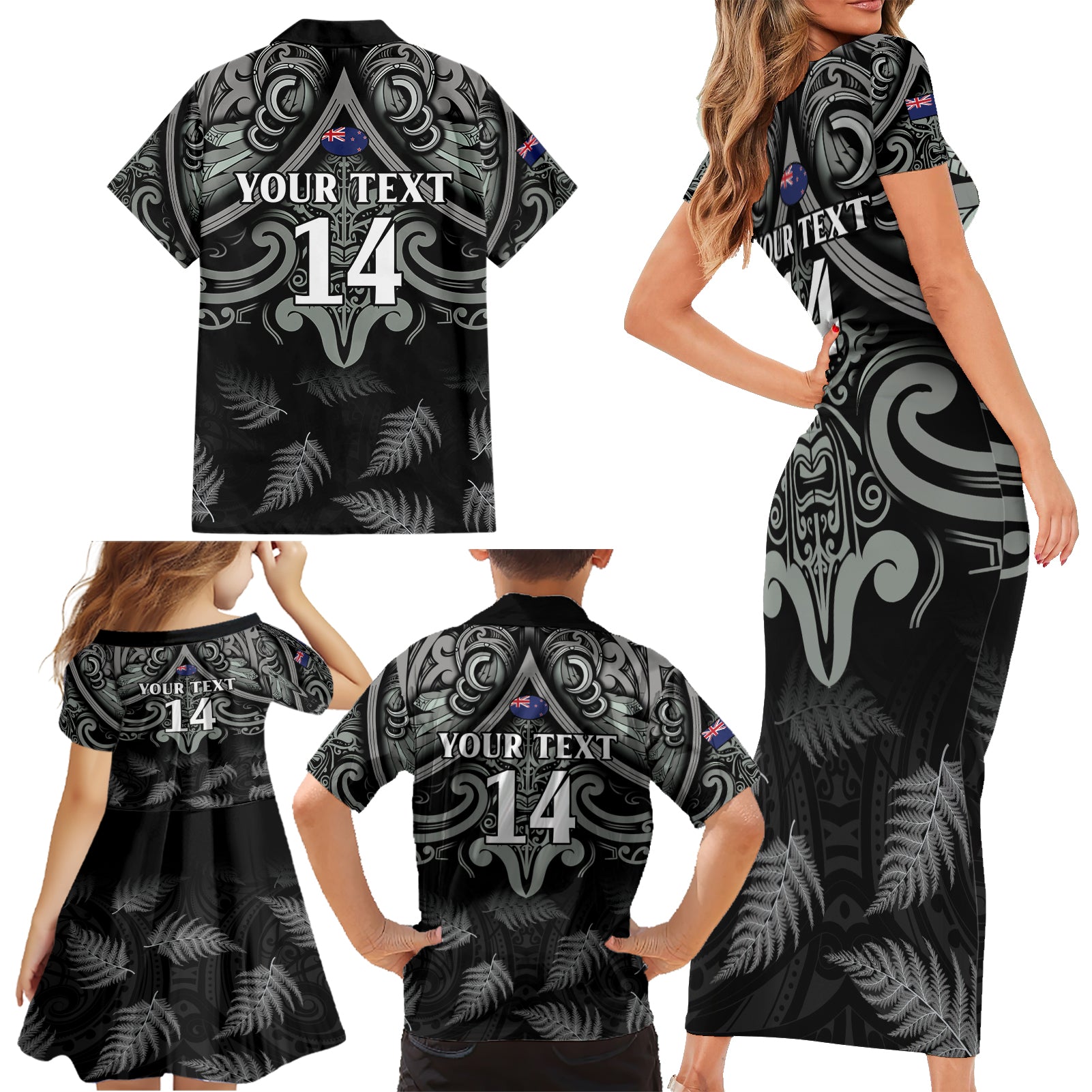Custom New Zealand Silver Fern Rugby Family Matching Short Sleeve Bodycon Dress and Hawaiian Shirt All Black Since 1892 Aotearoa Moko Maori