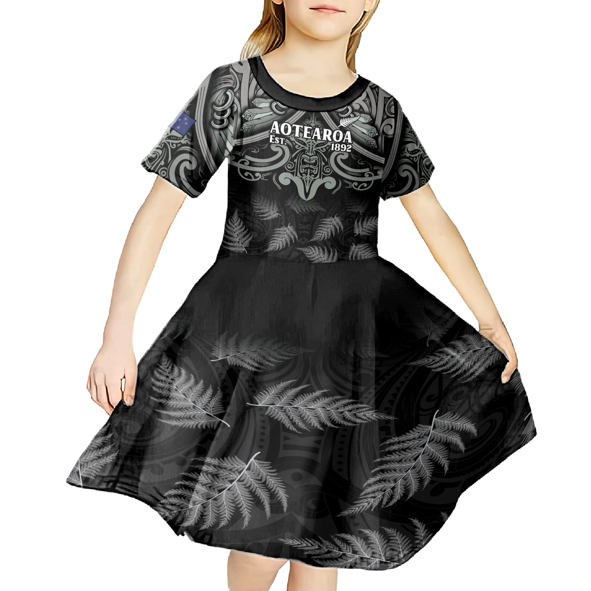 Custom New Zealand Silver Fern Rugby Kid Short Sleeve Dress All Black Since 1892 Aotearoa Moko Maori - Vibe Hoodie Shop