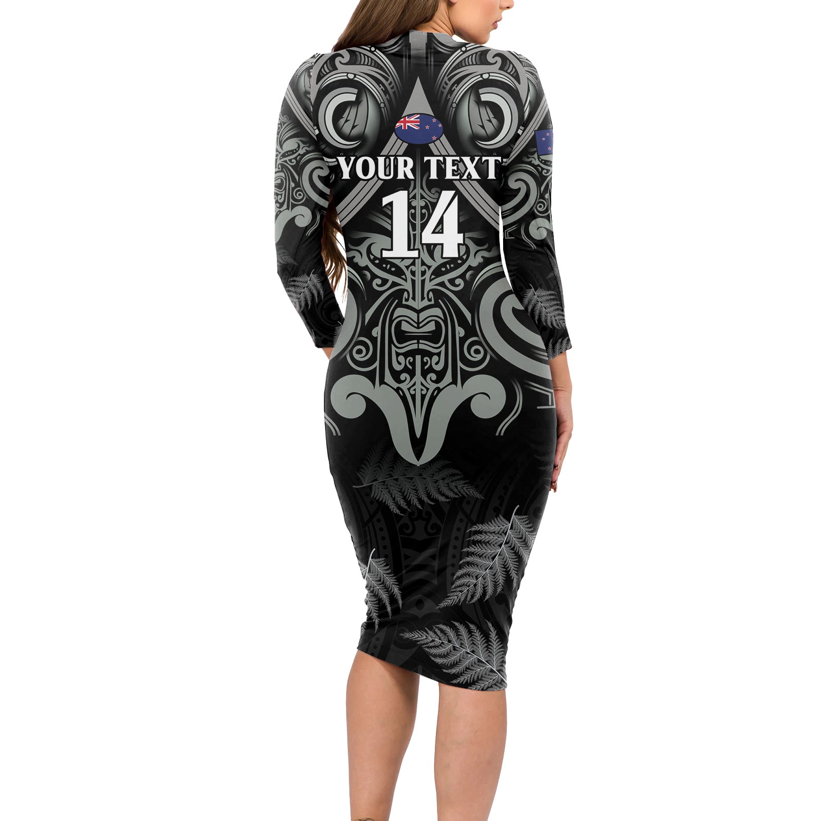 Custom New Zealand Silver Fern Rugby Long Sleeve Bodycon Dress All Black Since 1892 Aotearoa Moko Maori
