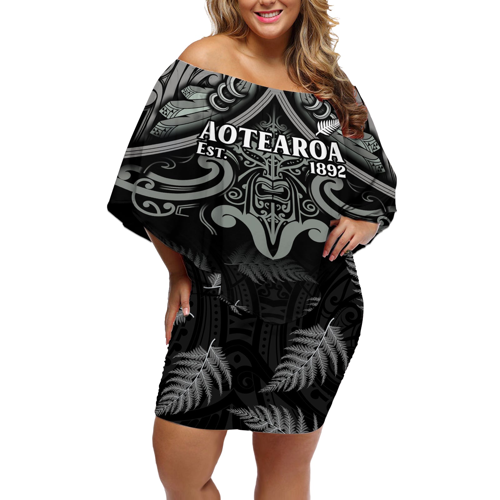 Custom New Zealand Silver Fern Rugby Off Shoulder Short Dress All Black Since 1892 Aotearoa Moko Maori
