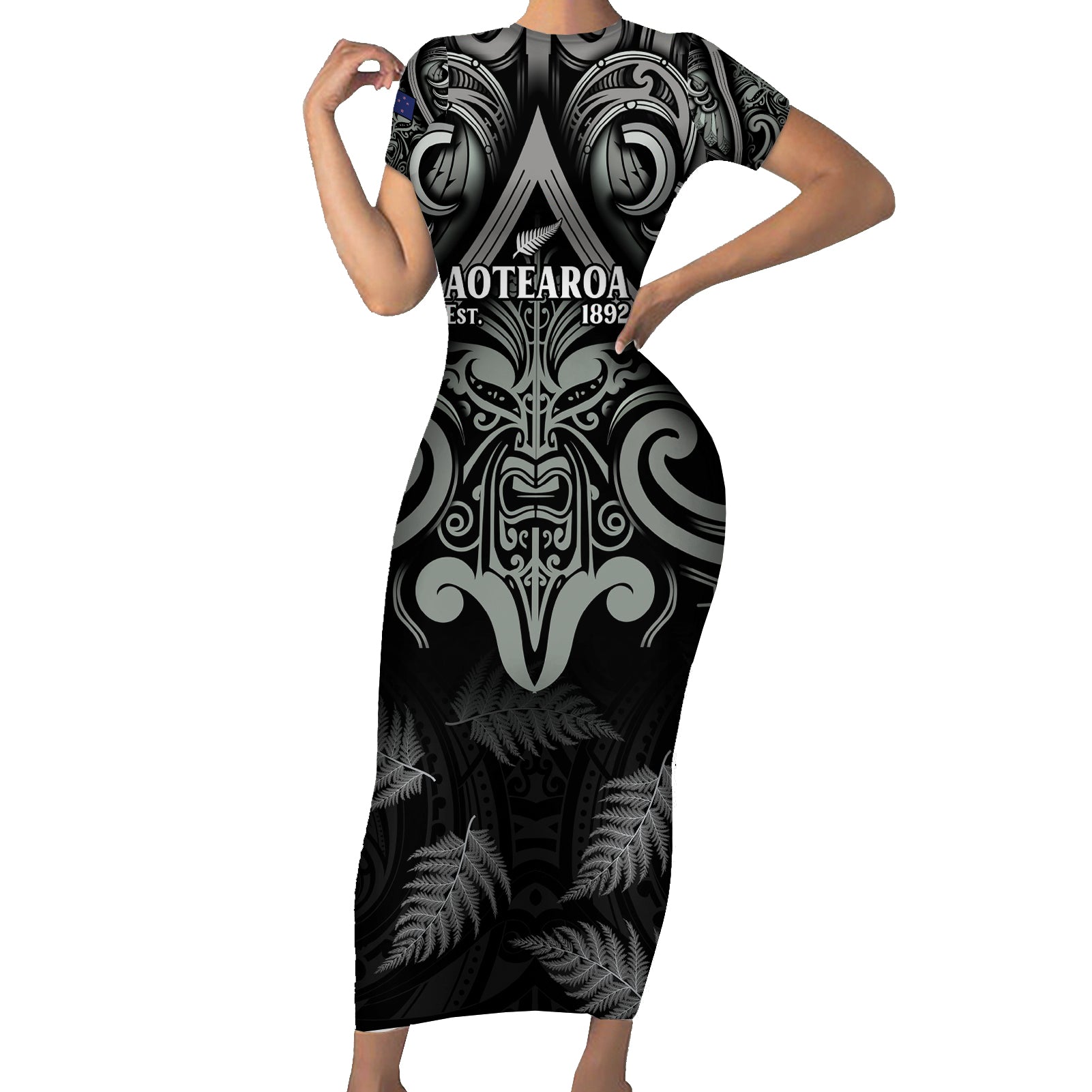 Custom New Zealand Silver Fern Rugby Short Sleeve Bodycon Dress All Black Since 1892 Aotearoa Moko Maori