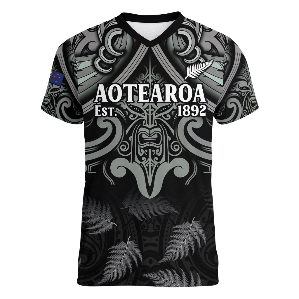 Custom New Zealand Silver Fern Rugby Women V-Neck T-Shirt All Black Since 1892 Aotearoa Moko Maori - Vibe Hoodie Shop