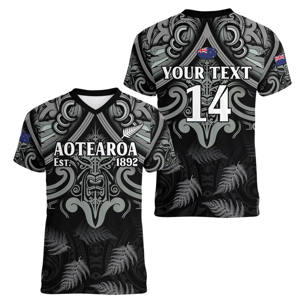 Custom New Zealand Silver Fern Rugby Women V-Neck T-Shirt All Black Since 1892 Aotearoa Moko Maori - Vibe Hoodie Shop