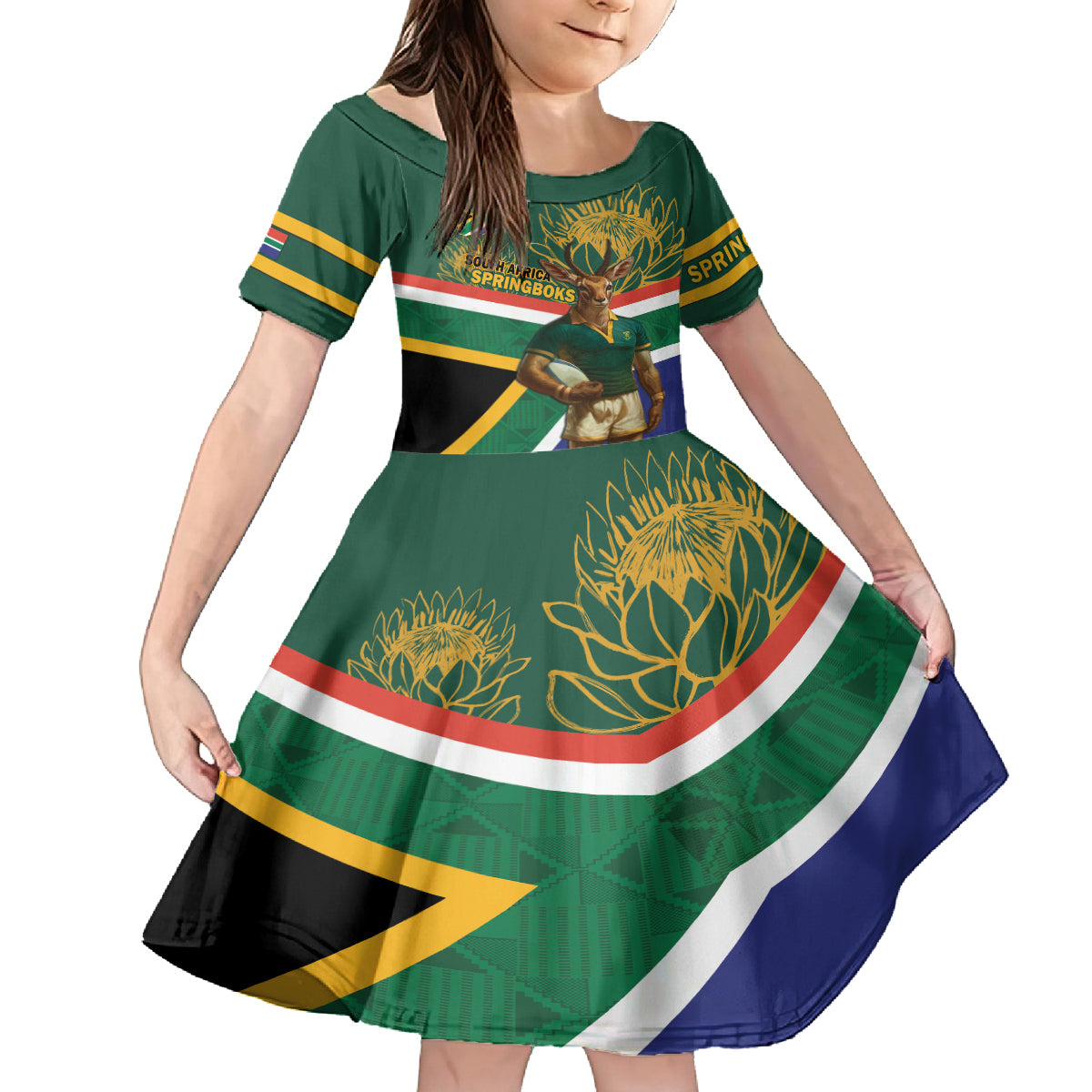 Custom South Africa Rugby Kid Short Sleeve Dress 2024 Go Springboks Mascot African Pattern - Vibe Hoodie Shop