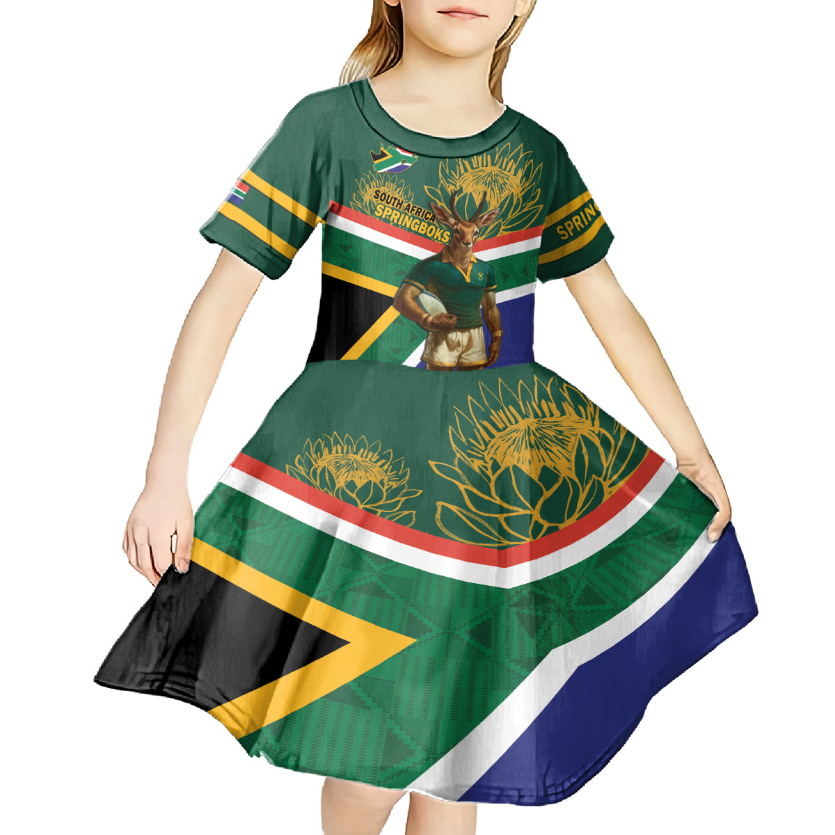 Custom South Africa Rugby Kid Short Sleeve Dress 2024 Go Springboks Mascot African Pattern - Vibe Hoodie Shop