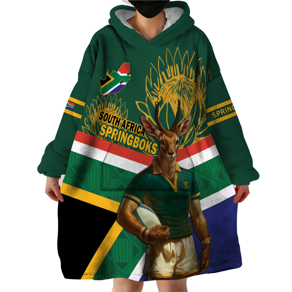 Custom South Africa Rugby Wearable Blanket Hoodie 2024 Go Springboks Mascot African Pattern - Vibe Hoodie Shop