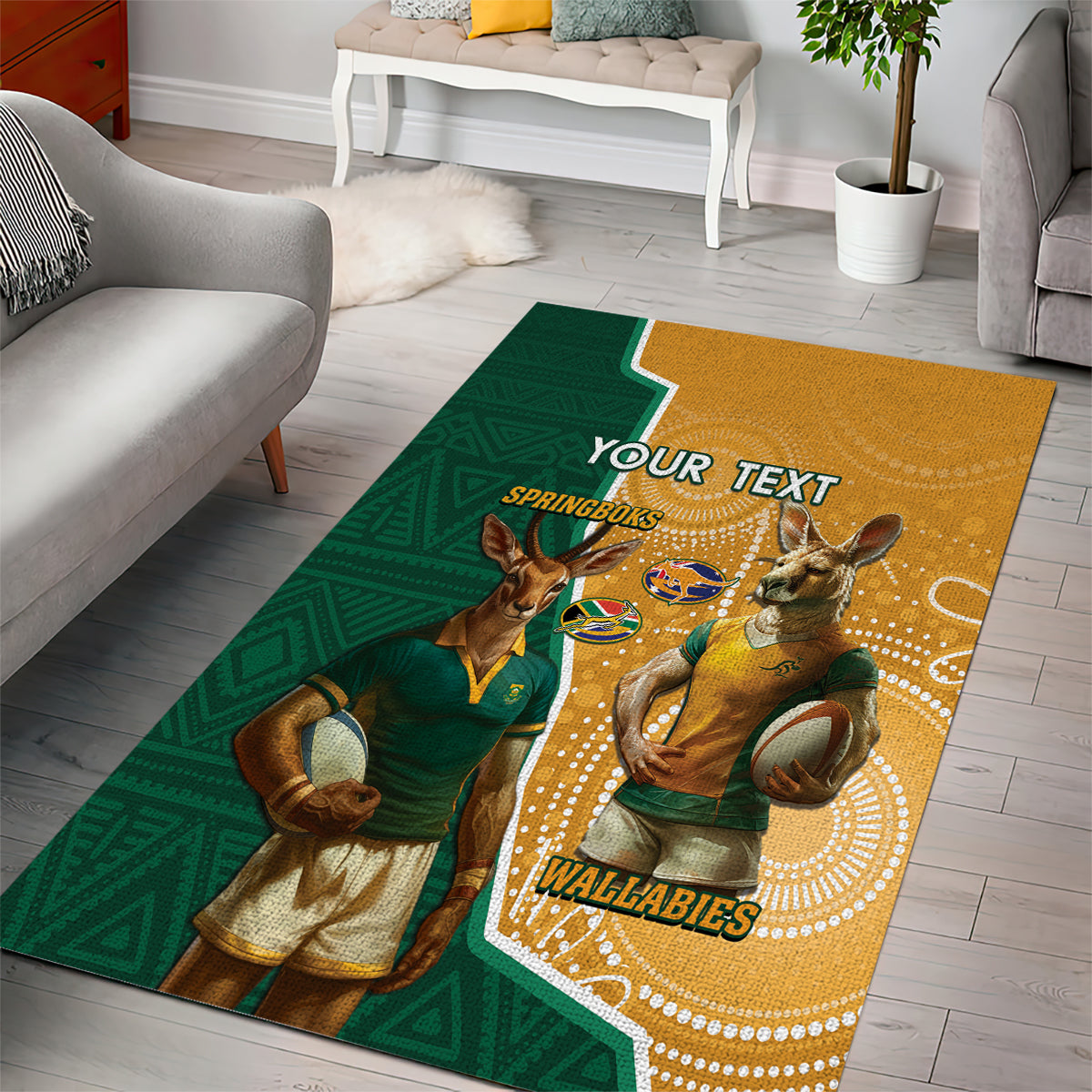 Personalised South Africa And Australia Rugby Area Rug 2024 Springboks Wallabies Mascots Together - Vibe Hoodie Shop