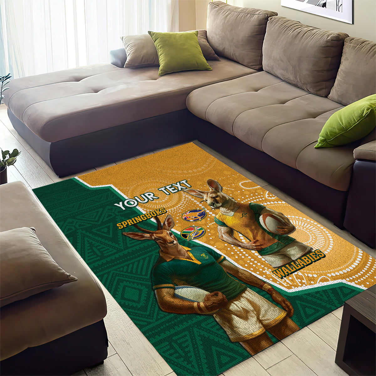 Personalised South Africa And Australia Rugby Area Rug 2024 Springboks Wallabies Mascots Together - Vibe Hoodie Shop