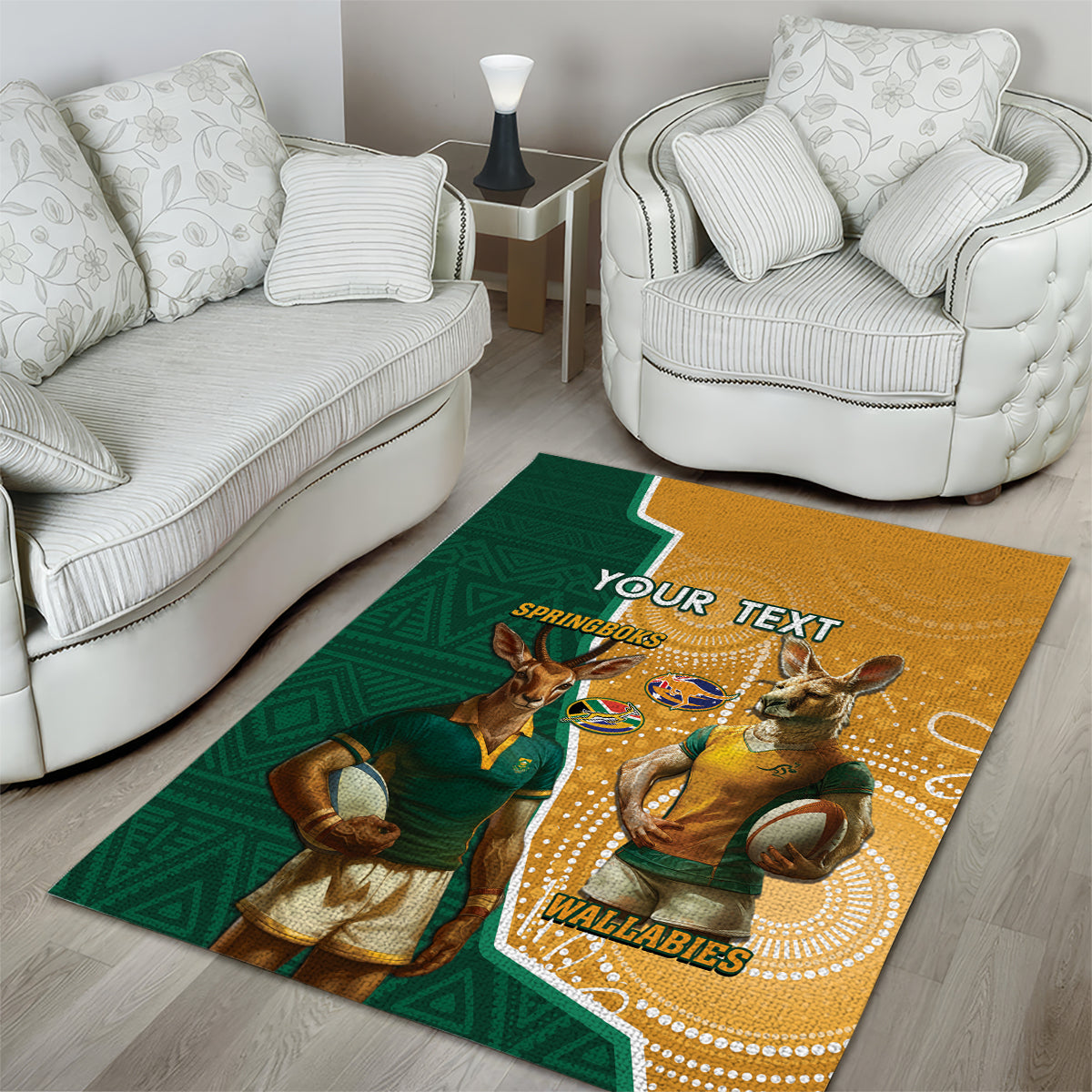 Personalised South Africa And Australia Rugby Area Rug 2024 Springboks Wallabies Mascots Together - Vibe Hoodie Shop