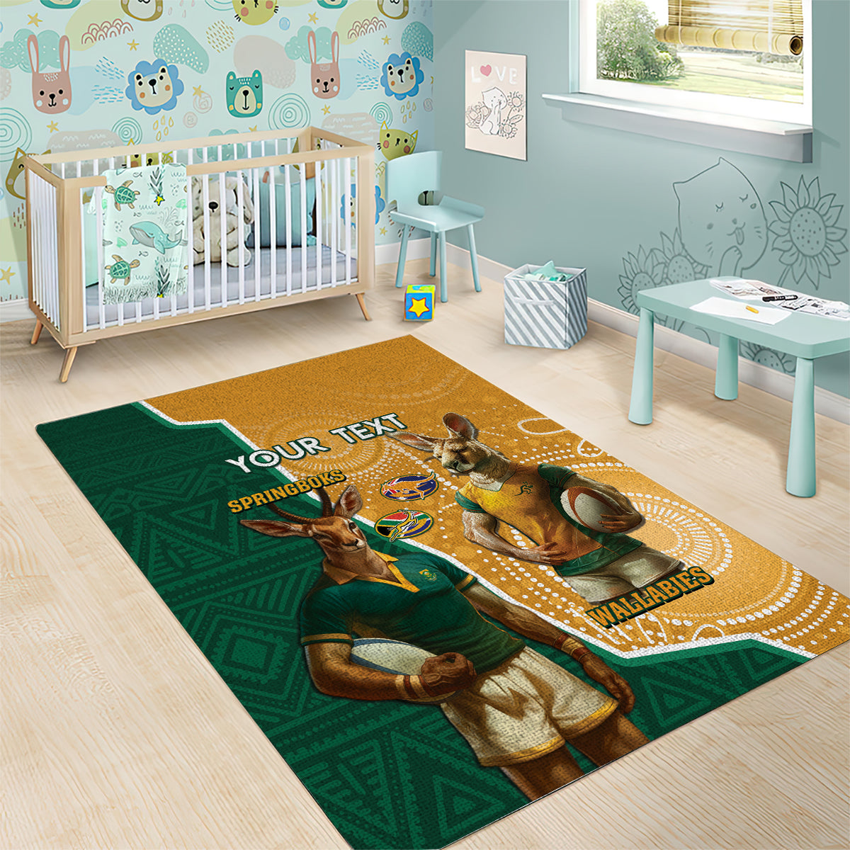 Personalised South Africa And Australia Rugby Area Rug 2024 Springboks Wallabies Mascots Together - Vibe Hoodie Shop