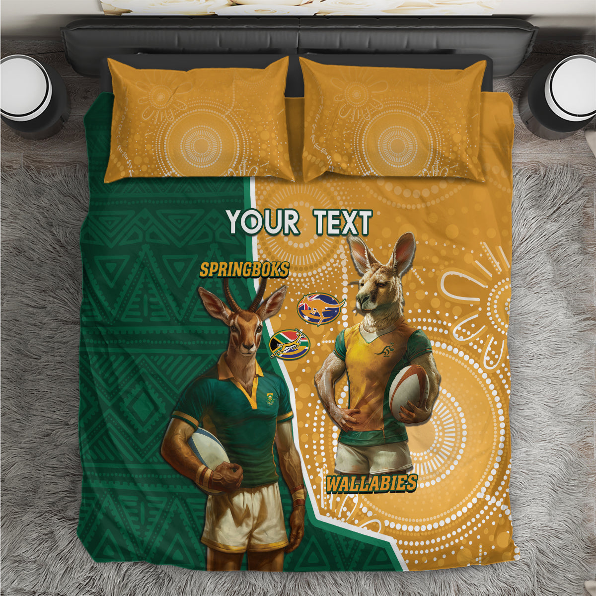 Personalised South Africa And Australia Rugby Bedding Set 2024 Springboks Wallabies Mascots Together - Vibe Hoodie Shop