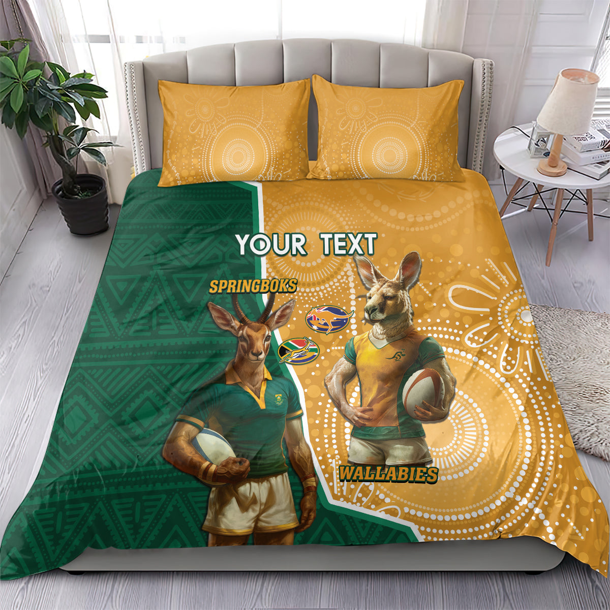 Personalised South Africa And Australia Rugby Bedding Set 2024 Springboks Wallabies Mascots Together - Vibe Hoodie Shop