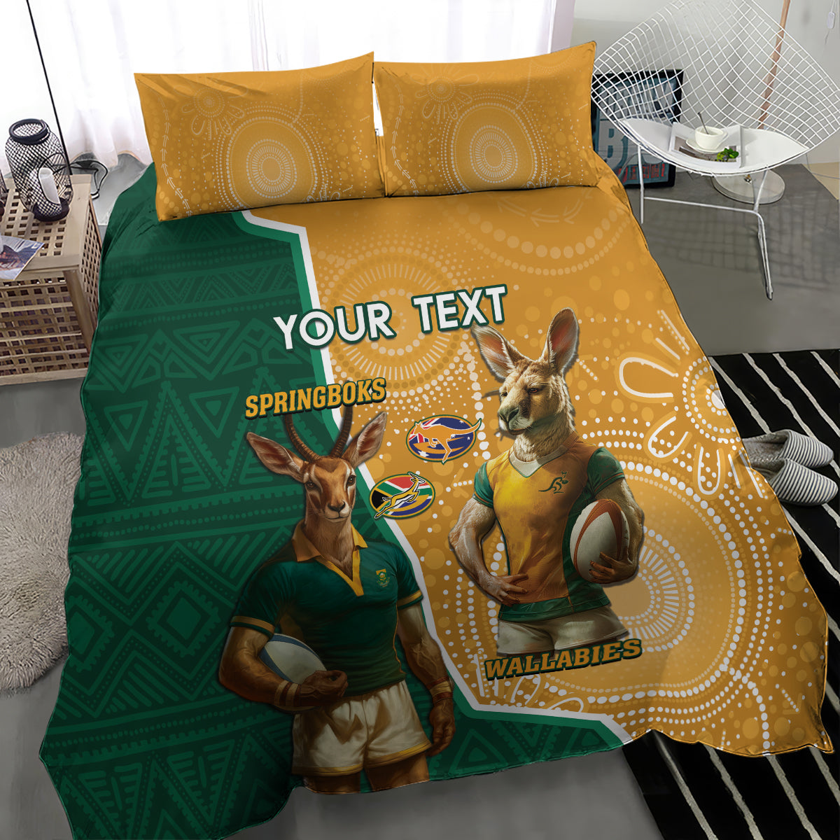 Personalised South Africa And Australia Rugby Bedding Set 2024 Springboks Wallabies Mascots Together - Vibe Hoodie Shop