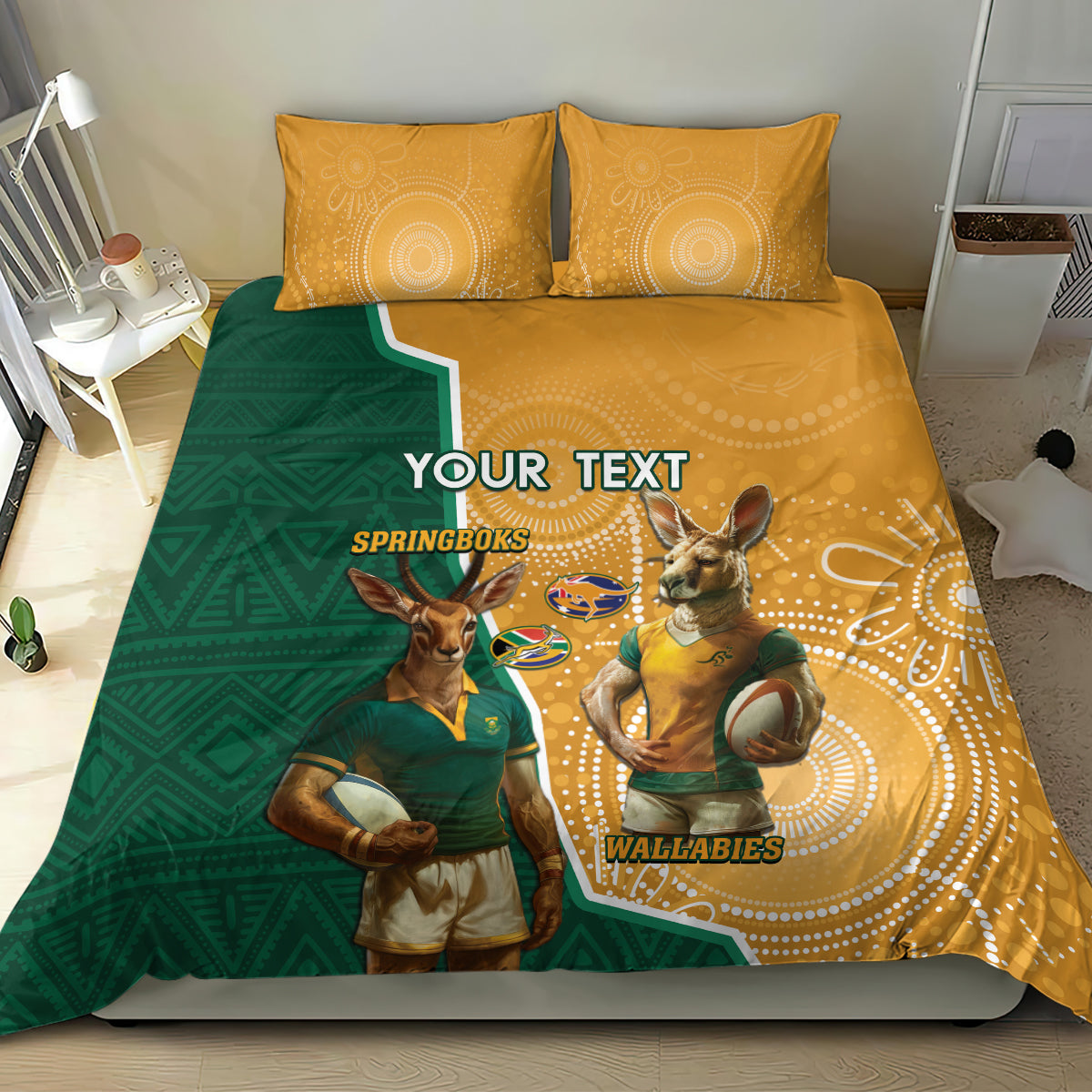 Personalised South Africa And Australia Rugby Bedding Set 2024 Springboks Wallabies Mascots Together - Vibe Hoodie Shop