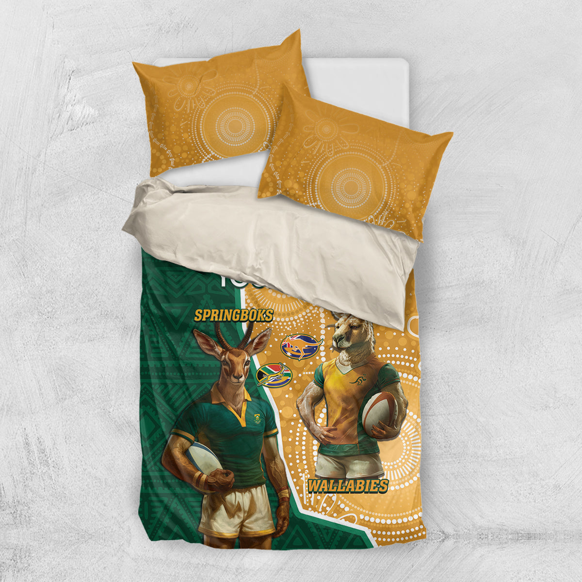 Personalised South Africa And Australia Rugby Bedding Set 2024 Springboks Wallabies Mascots Together - Vibe Hoodie Shop
