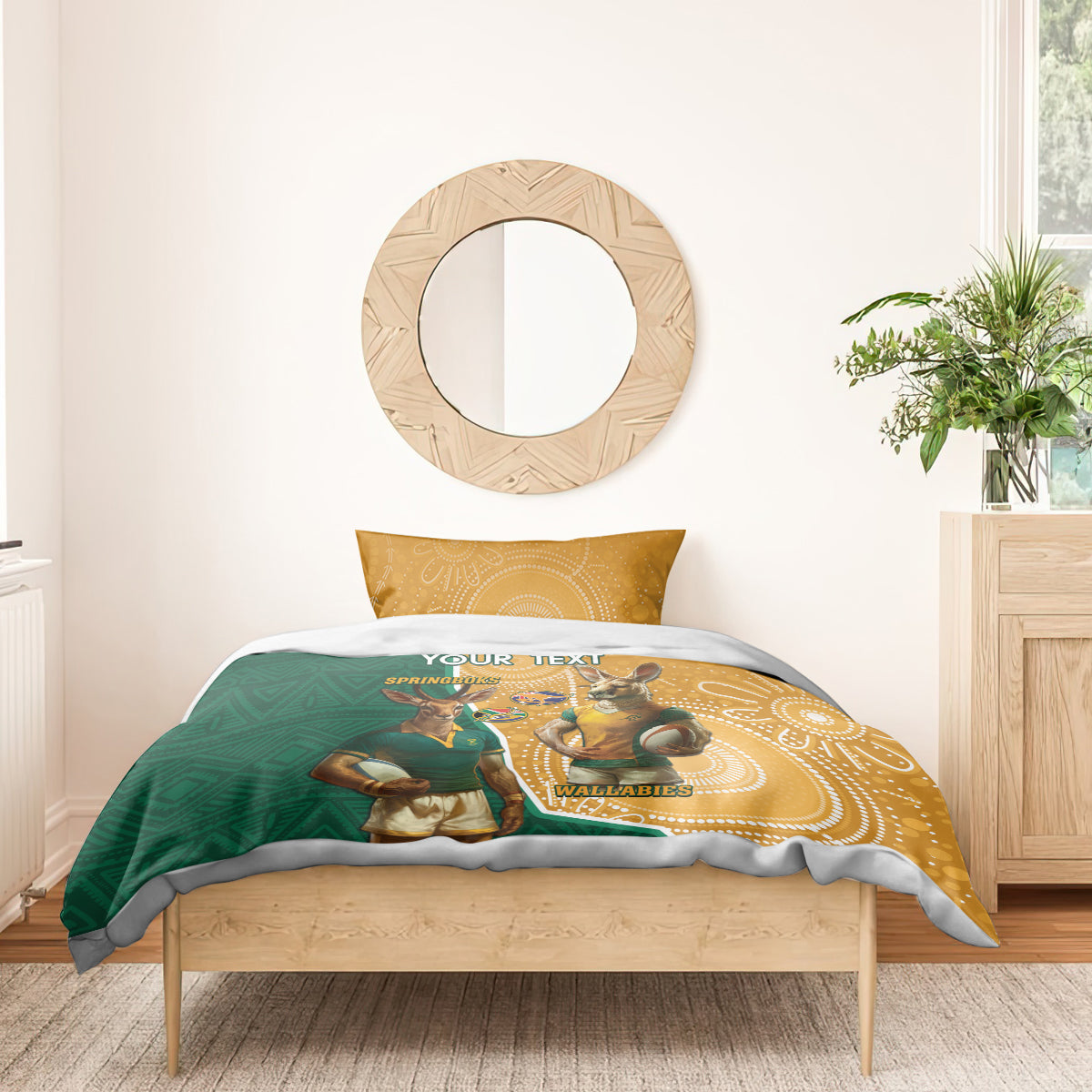 Personalised South Africa And Australia Rugby Bedding Set 2024 Springboks Wallabies Mascots Together - Vibe Hoodie Shop