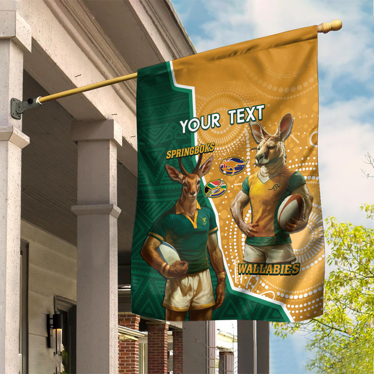 Personalised South Africa And Australia Rugby Garden Flag 2024 Springboks Wallabies Mascots Together - Vibe Hoodie Shop