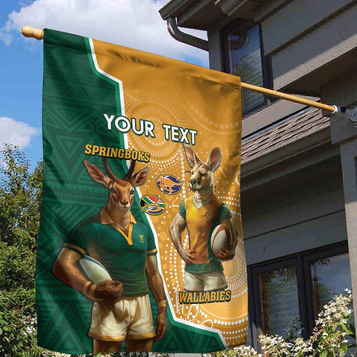 Personalised South Africa And Australia Rugby Garden Flag 2024 Springboks Wallabies Mascots Together - Vibe Hoodie Shop