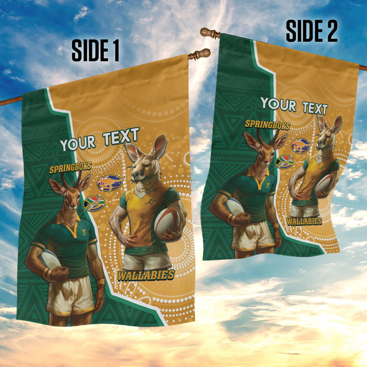 Personalised South Africa And Australia Rugby Garden Flag 2024 Springboks Wallabies Mascots Together - Vibe Hoodie Shop