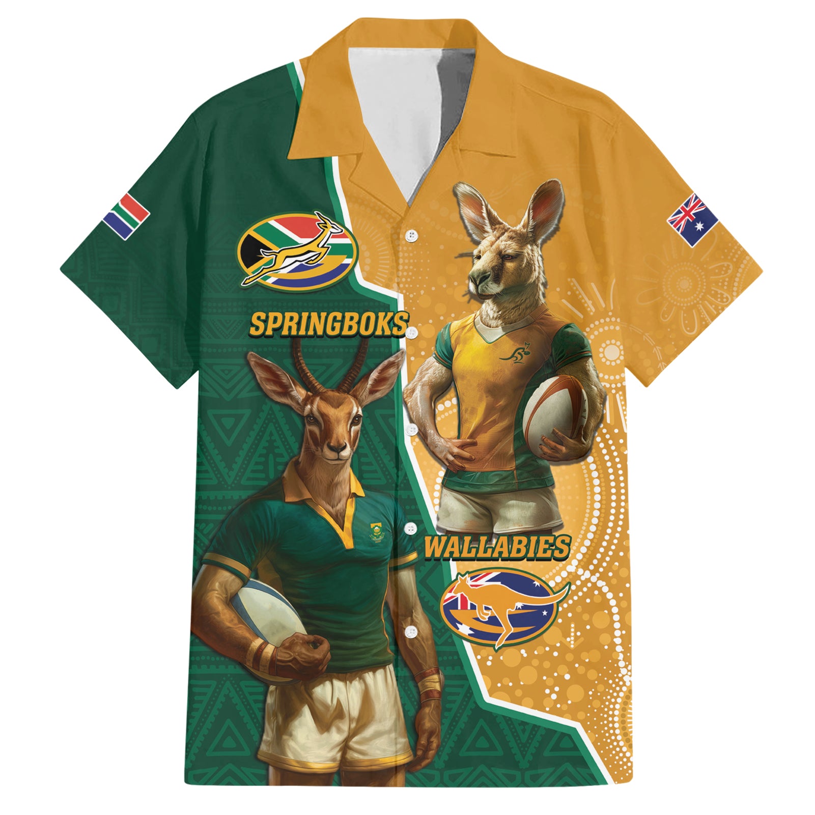 Personalised South Africa And Australia Rugby Hawaiian Shirt 2024 Springboks Wallabies Mascots Together - Vibe Hoodie Shop