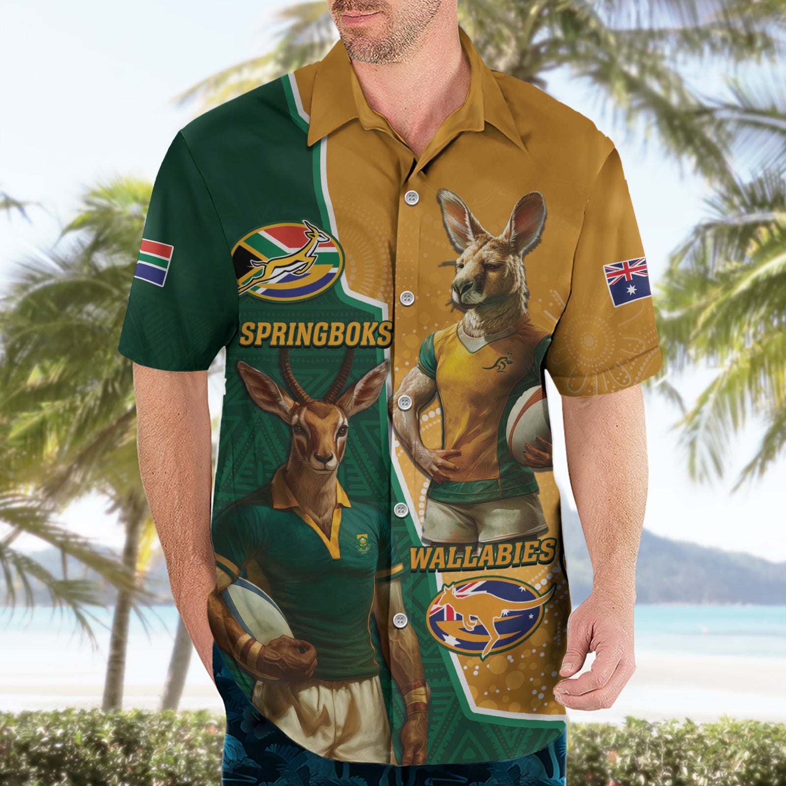 Personalised South Africa And Australia Rugby Hawaiian Shirt 2024 Springboks Wallabies Mascots Together - Vibe Hoodie Shop