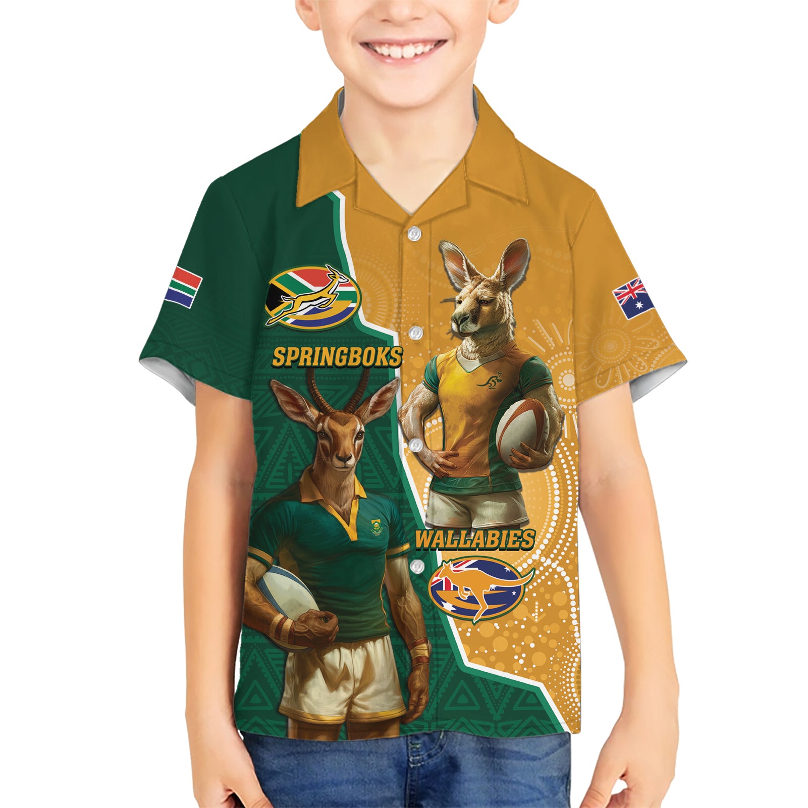 Personalised South Africa And Australia Rugby Hawaiian Shirt 2024 Springboks Wallabies Mascots Together - Vibe Hoodie Shop