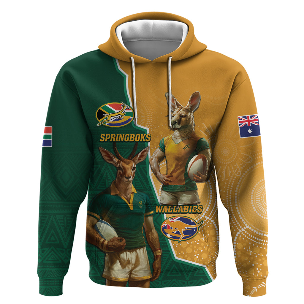 Personalised South Africa And Australia Rugby Hoodie 2024 Springboks Wallabies Mascots Together - Vibe Hoodie Shop