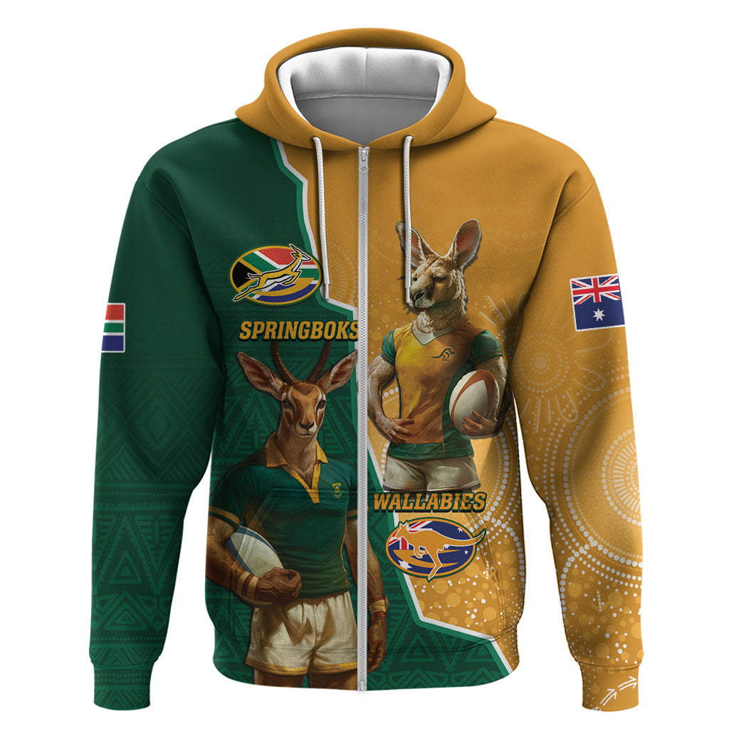 Personalised South Africa And Australia Rugby Hoodie 2024 Springboks Wallabies Mascots Together - Vibe Hoodie Shop