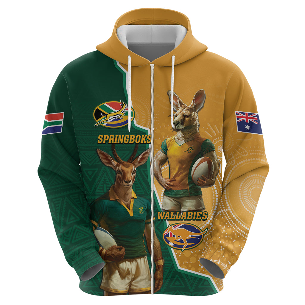 Personalised South Africa And Australia Rugby Hoodie 2024 Springboks Wallabies Mascots Together - Vibe Hoodie Shop