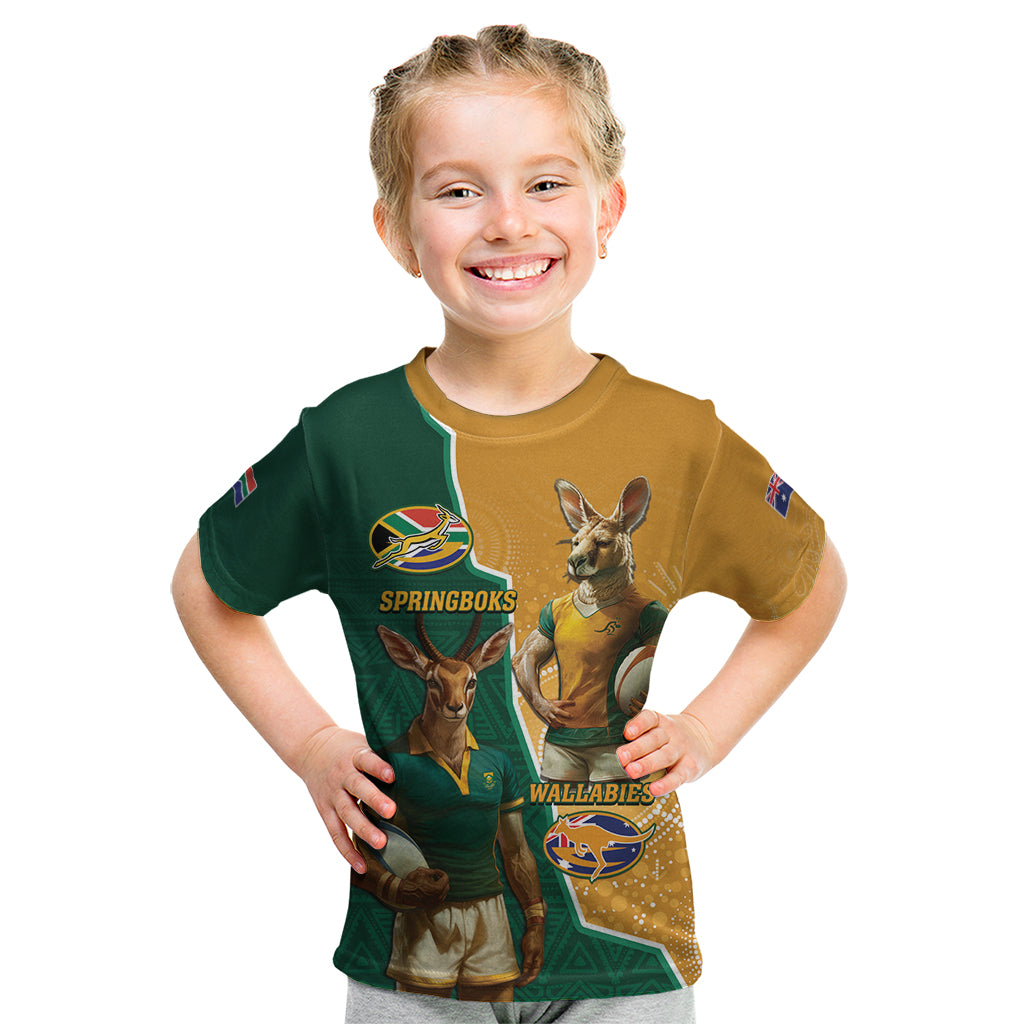 Personalised South Africa And Australia Rugby Kid T Shirt 2024 Springboks Wallabies Mascots Together - Vibe Hoodie Shop