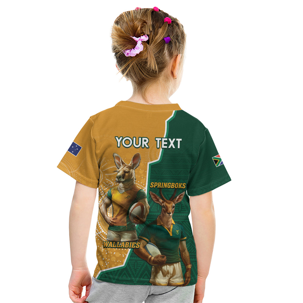 Personalised South Africa And Australia Rugby Kid T Shirt 2024 Springboks Wallabies Mascots Together - Vibe Hoodie Shop