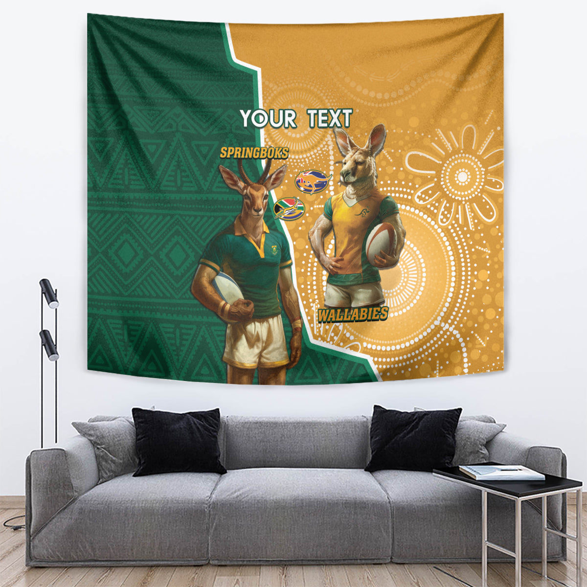 Personalised South Africa And Australia Rugby Tapestry 2024 Springboks Wallabies Mascots Together - Vibe Hoodie Shop