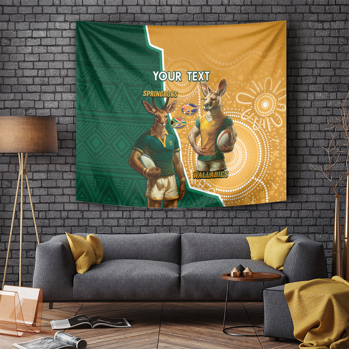 Personalised South Africa And Australia Rugby Tapestry 2024 Springboks Wallabies Mascots Together - Vibe Hoodie Shop