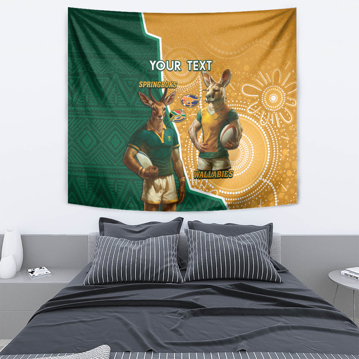 Personalised South Africa And Australia Rugby Tapestry 2024 Springboks Wallabies Mascots Together - Vibe Hoodie Shop