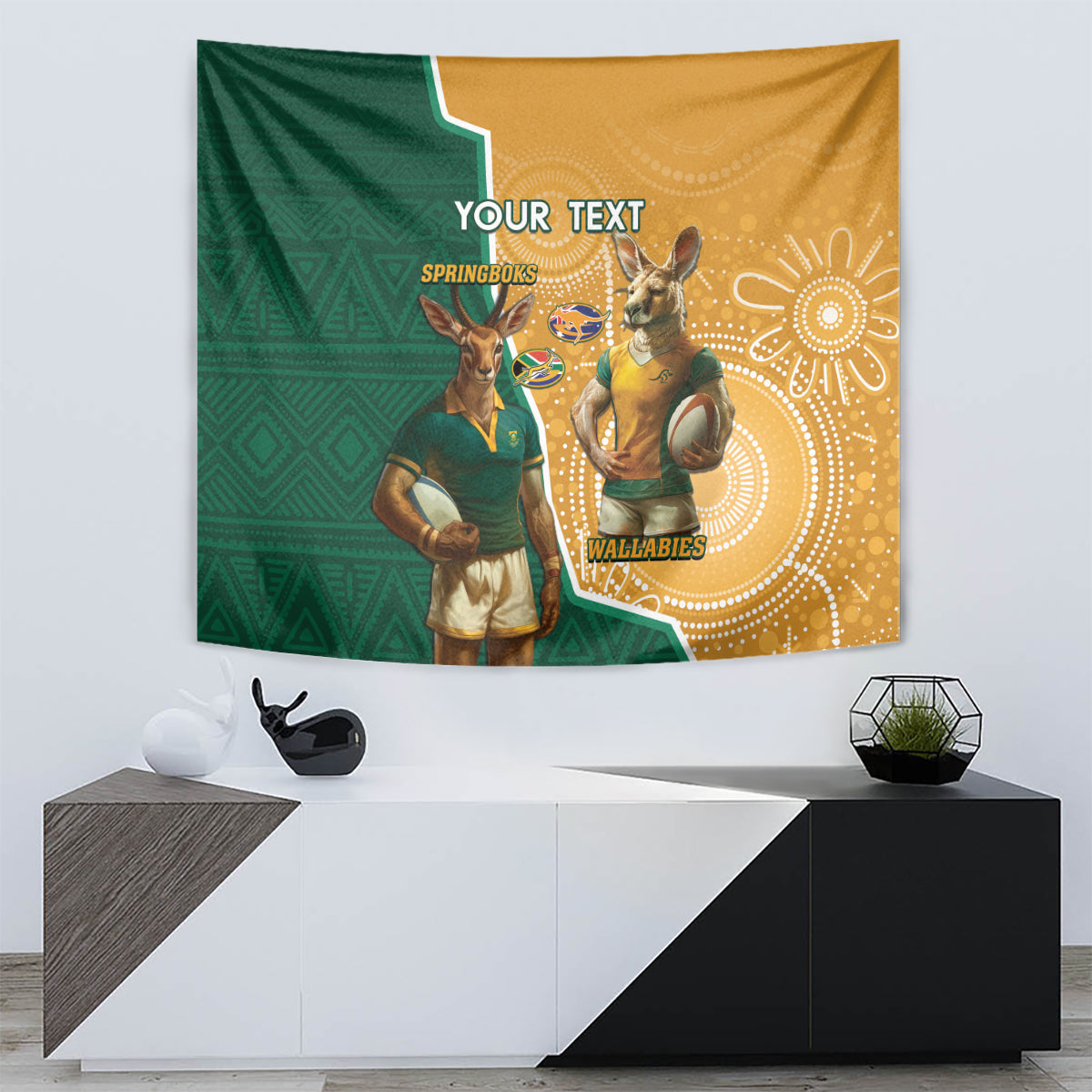 Personalised South Africa And Australia Rugby Tapestry 2024 Springboks Wallabies Mascots Together - Vibe Hoodie Shop