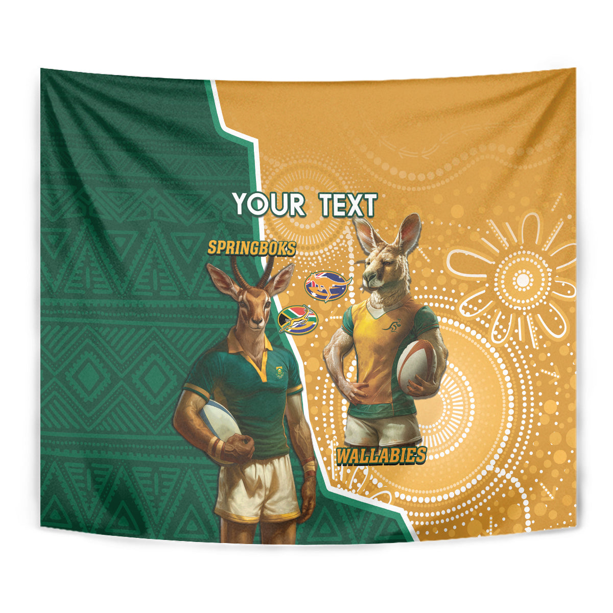 Personalised South Africa And Australia Rugby Tapestry 2024 Springboks Wallabies Mascots Together - Vibe Hoodie Shop