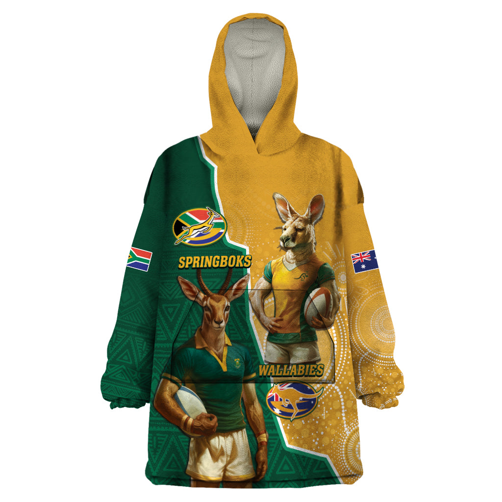 Personalised South Africa And Australia Rugby Wearable Blanket Hoodie 2024 Springboks Wallabies Mascots Together - Vibe Hoodie Shop