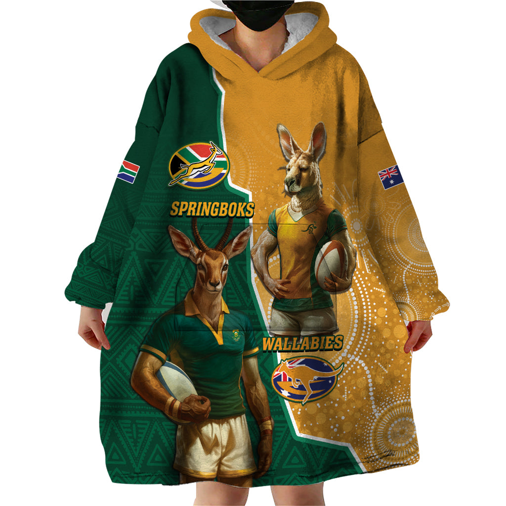 Personalised South Africa And Australia Rugby Wearable Blanket Hoodie 2024 Springboks Wallabies Mascots Together - Vibe Hoodie Shop