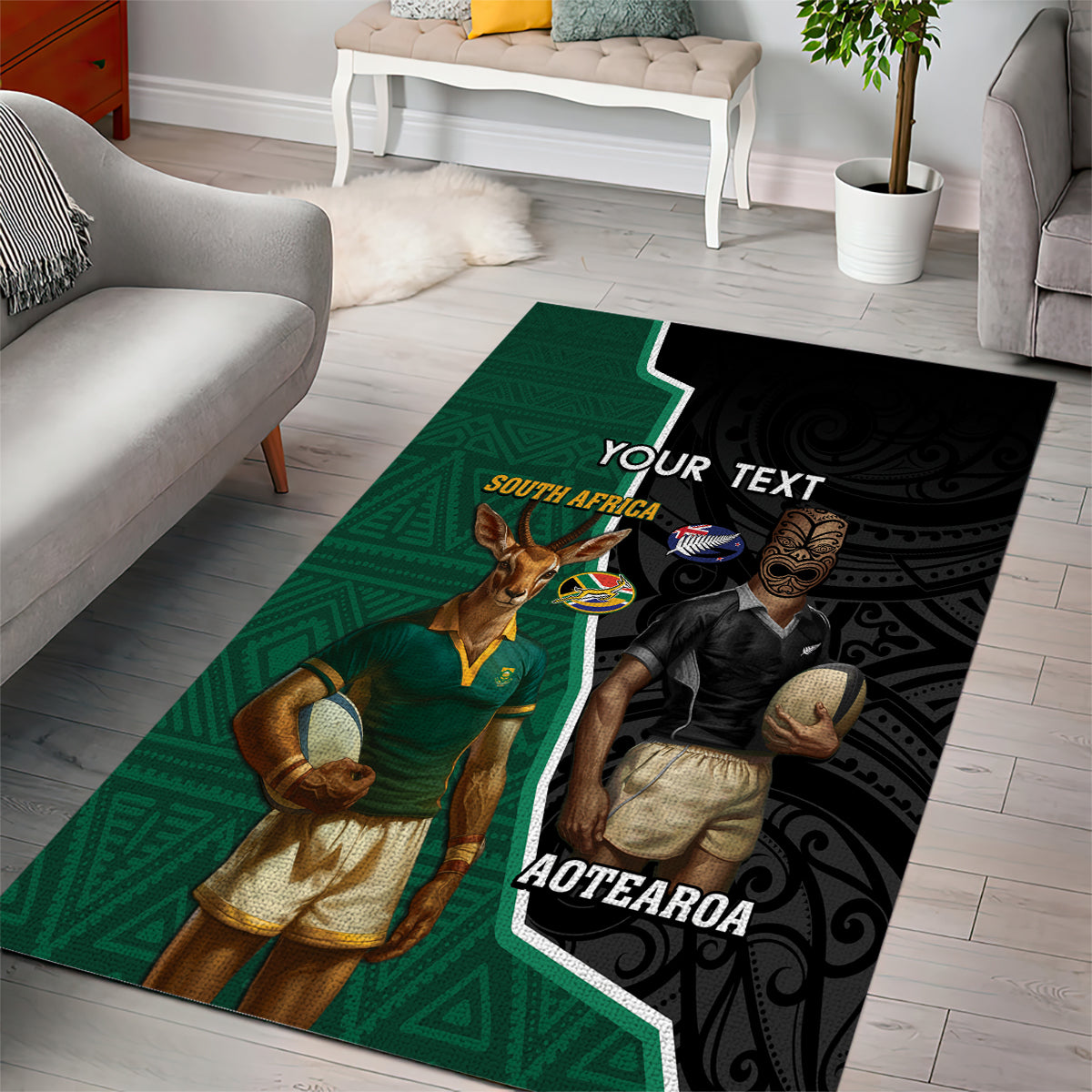 Personalised New Zealand And South Africa Rugby Area Rug 2024 All Black Springboks Mascots Together - Vibe Hoodie Shop