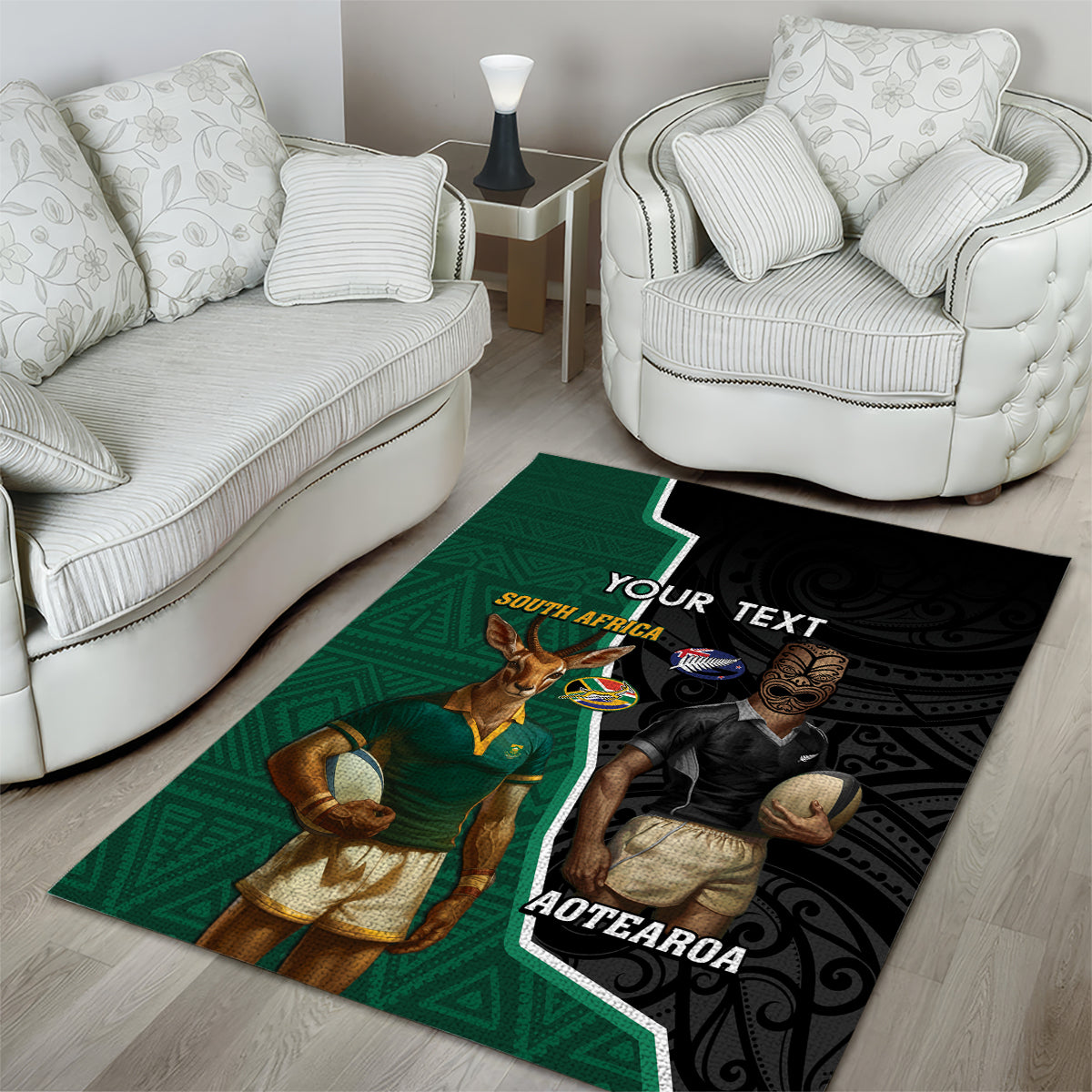 Personalised New Zealand And South Africa Rugby Area Rug 2024 All Black Springboks Mascots Together - Vibe Hoodie Shop