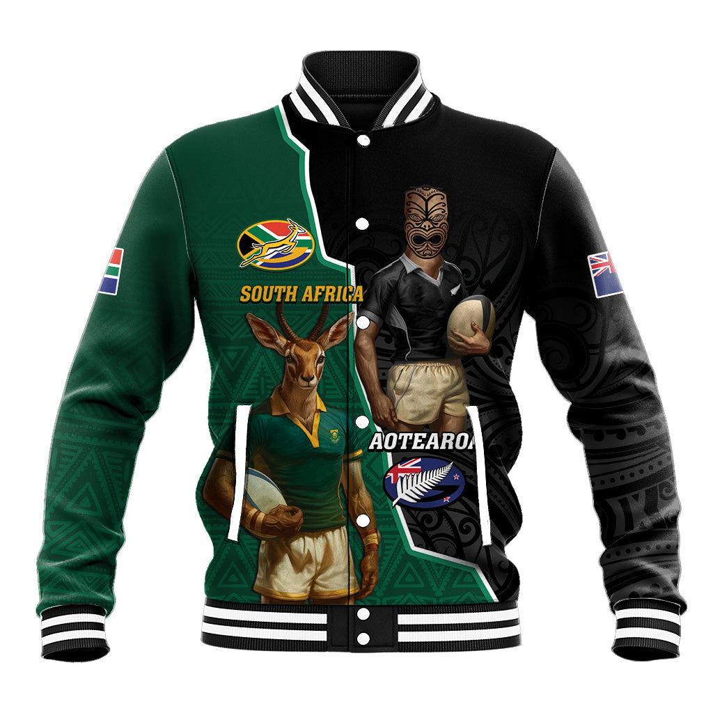 Personalised New Zealand And South Africa Rugby Baseball Jacket 2024 All Black Springboks Mascots Together - Vibe Hoodie Shop