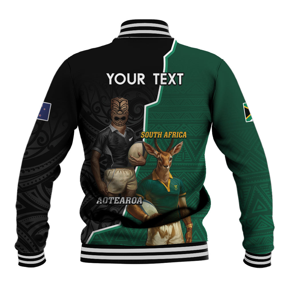 Personalised New Zealand And South Africa Rugby Baseball Jacket 2024 All Black Springboks Mascots Together - Vibe Hoodie Shop