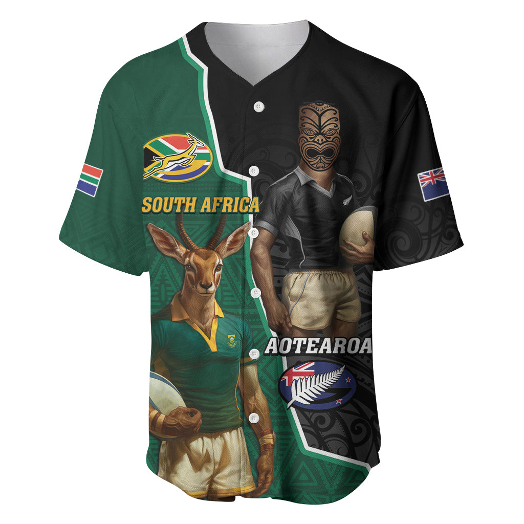 Personalised New Zealand And South Africa Rugby Baseball Jersey 2024 All Black Springboks Mascots Together - Vibe Hoodie Shop