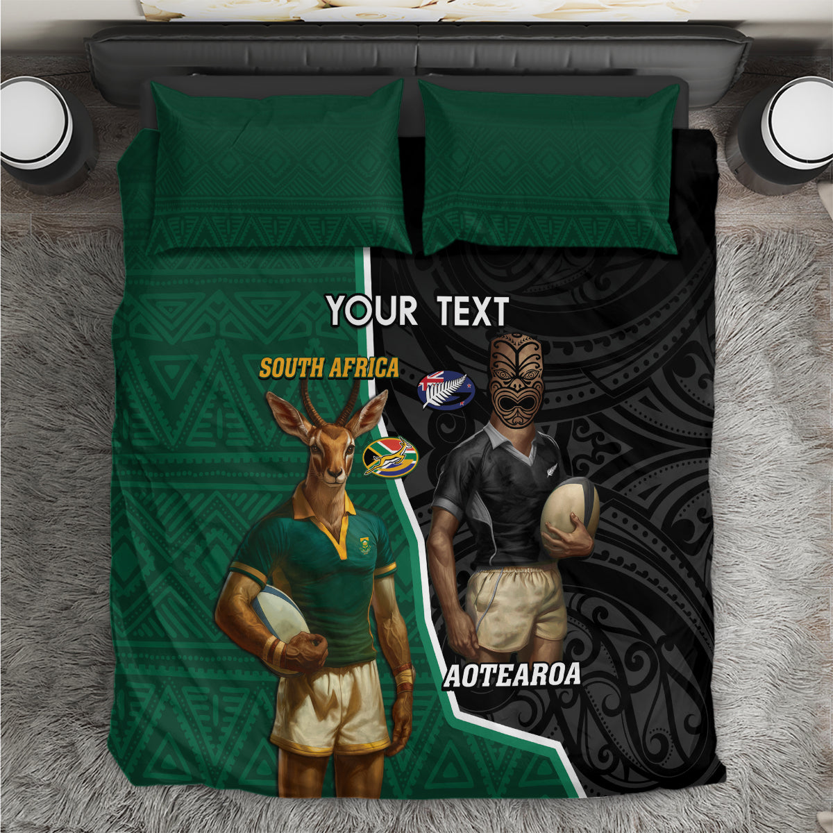 Personalised New Zealand And South Africa Rugby Bedding Set 2024 All Black Springboks Mascots Together - Vibe Hoodie Shop