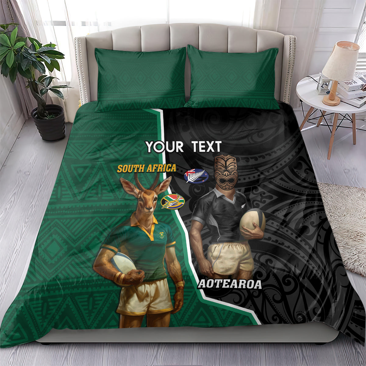 Personalised New Zealand And South Africa Rugby Bedding Set 2024 All Black Springboks Mascots Together - Vibe Hoodie Shop