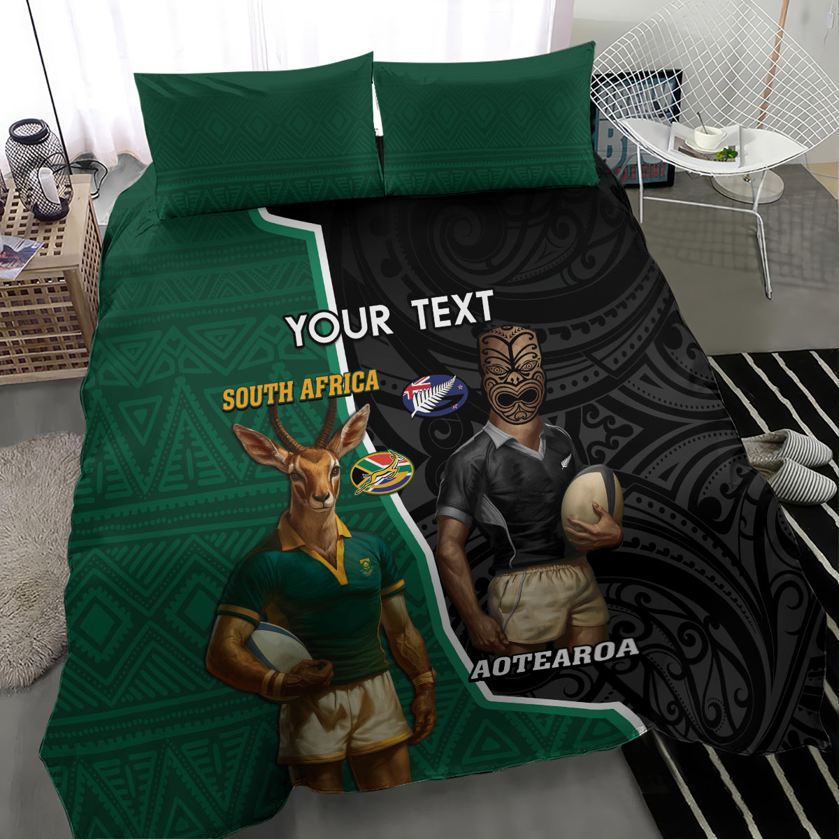 Personalised New Zealand And South Africa Rugby Bedding Set 2024 All Black Springboks Mascots Together - Vibe Hoodie Shop