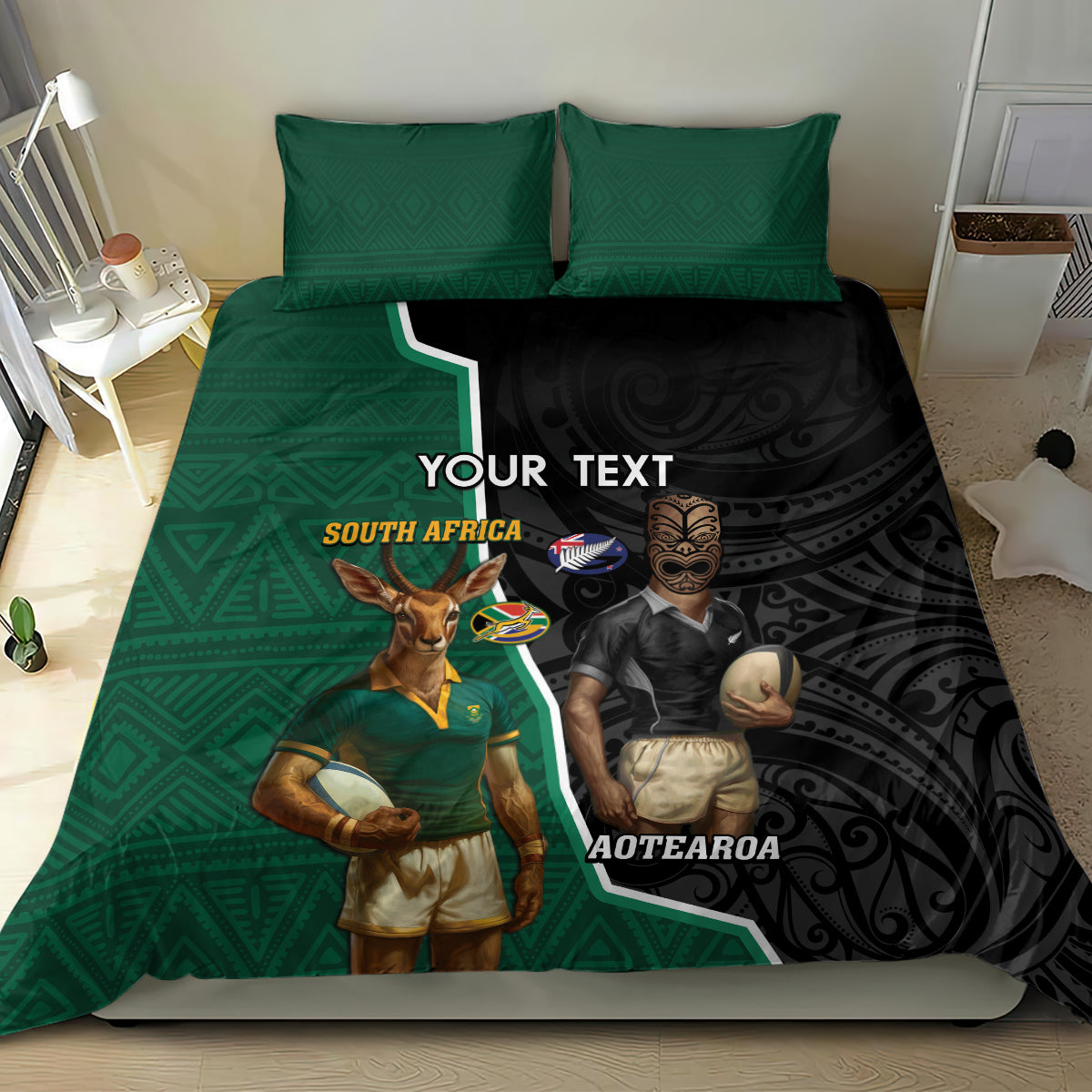 Personalised New Zealand And South Africa Rugby Bedding Set 2024 All Black Springboks Mascots Together - Vibe Hoodie Shop