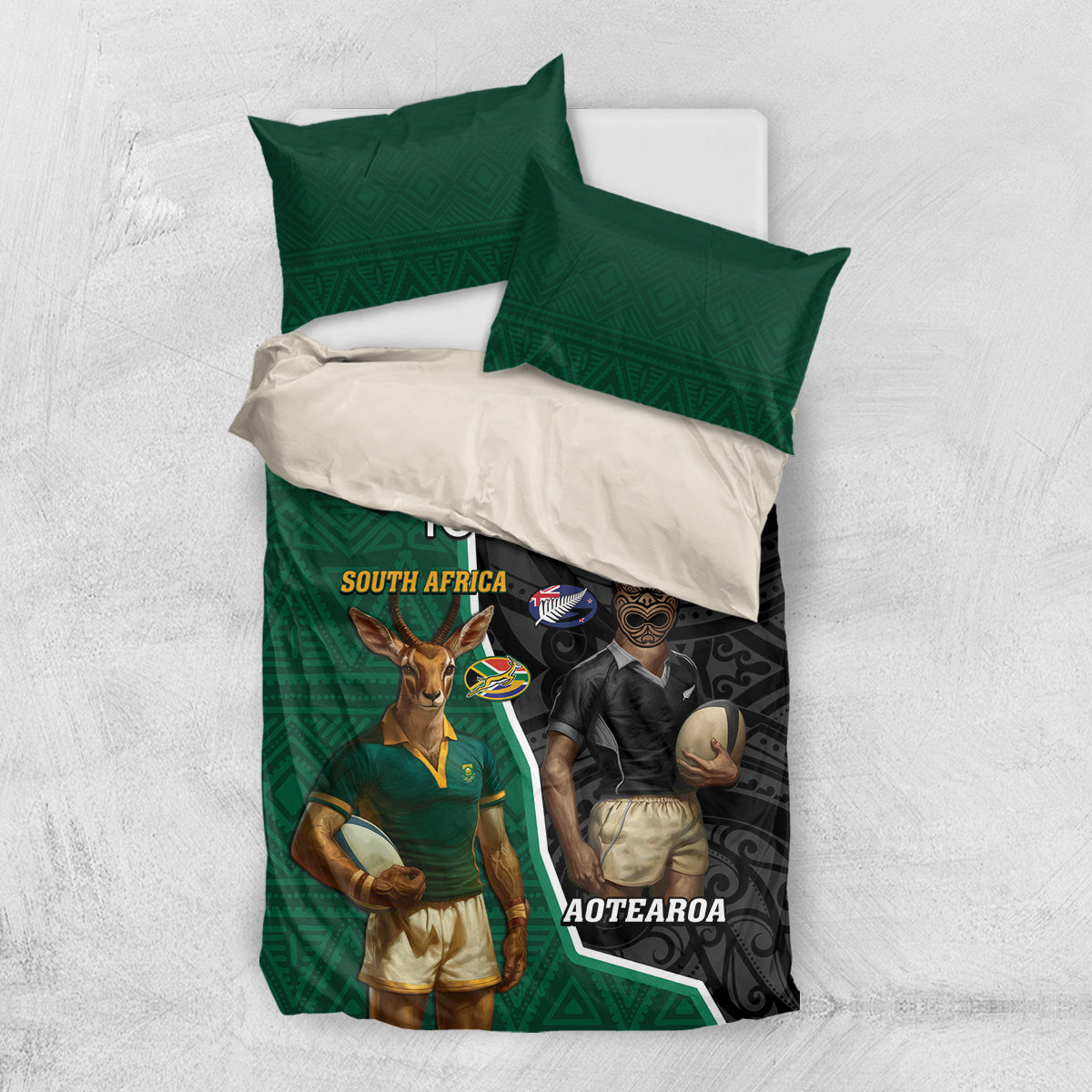 Personalised New Zealand And South Africa Rugby Bedding Set 2024 All Black Springboks Mascots Together - Vibe Hoodie Shop