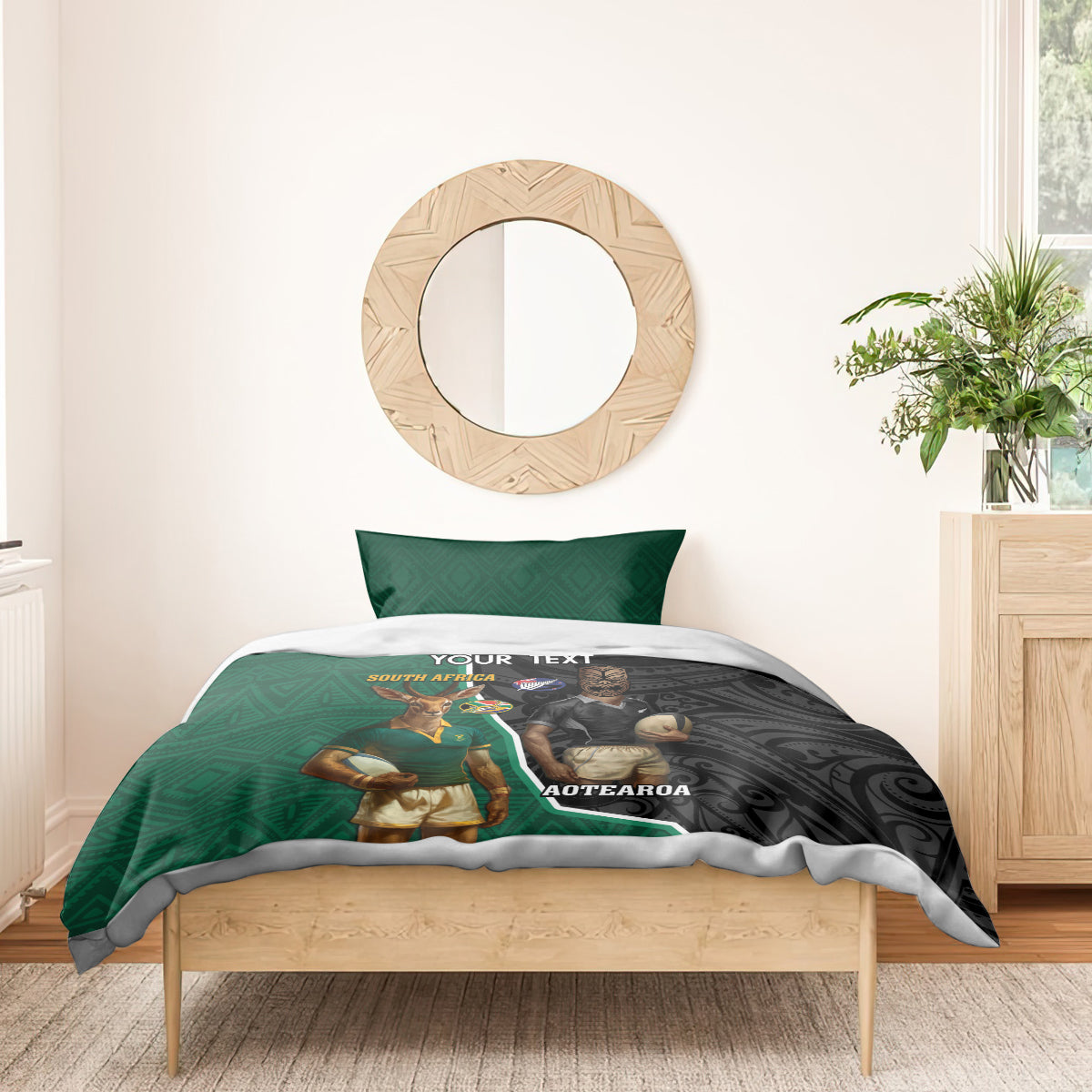 Personalised New Zealand And South Africa Rugby Bedding Set 2024 All Black Springboks Mascots Together - Vibe Hoodie Shop